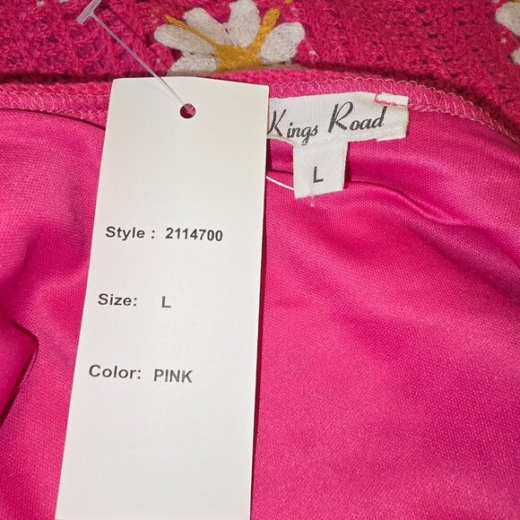 KIngs Road Pink Crochet Lined Dress SL Square Neck Large NWT - Picture 9 of 16